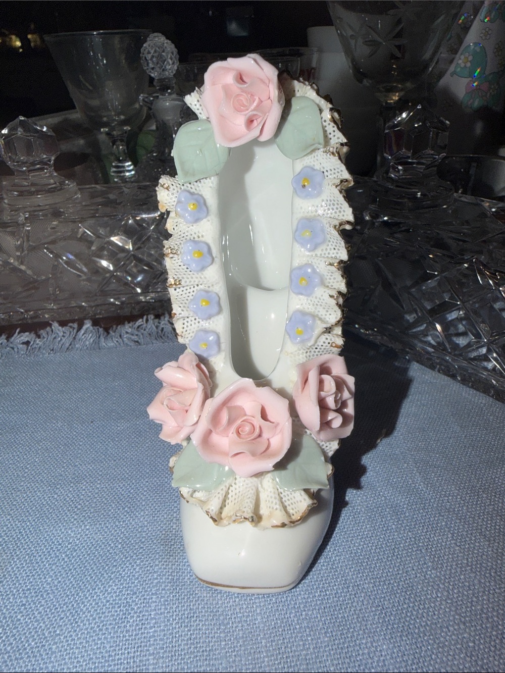 Lefton china Porcelain Shoe Figurine Vase with Pink Rose Accents